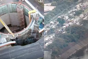 Obra em Metrô de SP desaba e abre cratera na Marginal Tietê