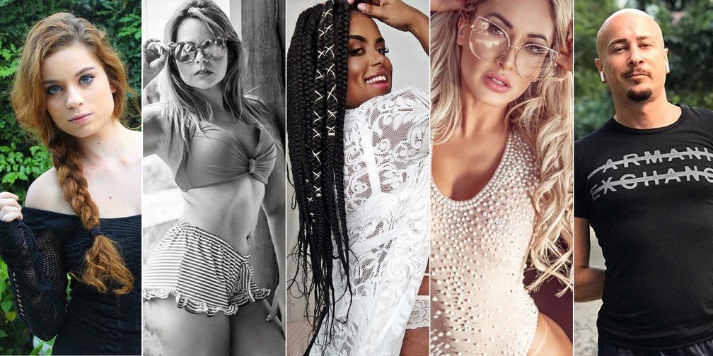 Brasileiros que criam conteúdo no OnlyFans: a 'web-stripper' Aurora, a youtuber Lu Cremonez, a 'camgirl' Thamires Moura, a atriz e modelo Iara Ferreira e o escritor Fabrício Viana — (Foto: Reprodução / Instagram e Arquivo Pessoal)