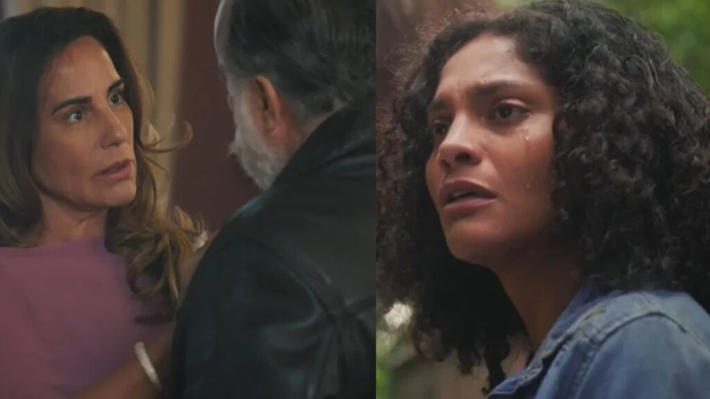 Irene (Gloria Pires) é repreendida por Antônio (Tony Ramos) após crime contra Aline (Barbara Reis) em Terra e Paixão (Foto: Reprodução)