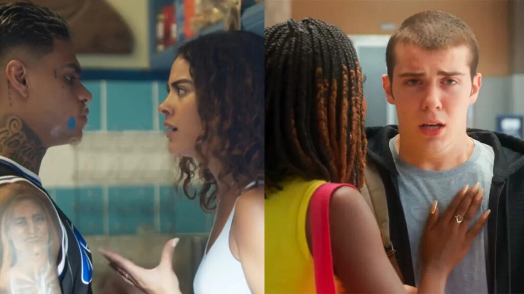 Jenifer (Bella Campos) e Hugo (MC Cabelinho); Kate (Clara Moneke) e Rafa em Vai na Fé (Foto: Reprodução)