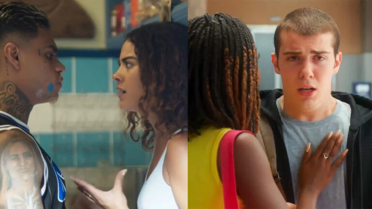 Jenifer (Bella Campos) e Hugo (MC Cabelinho); Kate (Clara Moneke) e Rafa em Vai na Fé (Foto: Reprodução)