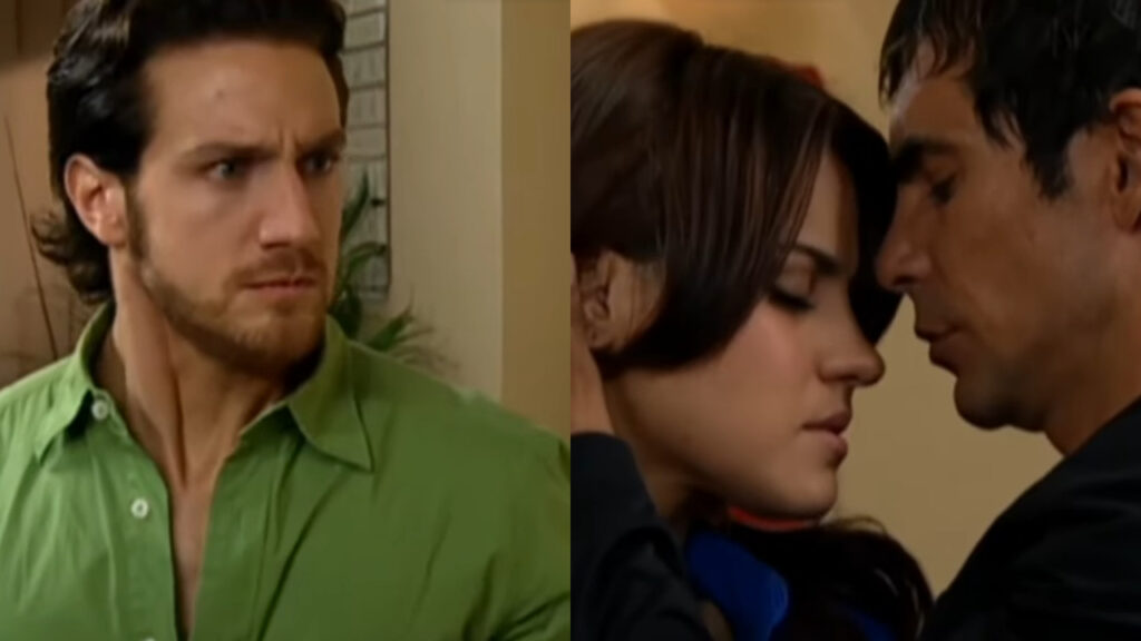Lucrécia (Maite Perroni) beija Carmelo (Armando Araiza) na frente de Juliano (Eugenio Siller) na novela Meu Pecado (Foto: Reprodução)
