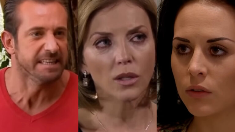 Um Refúgio para o Amor: Luciana faz surpresa no almoço e desmascara Roselena diante de todos: "Sou filha da Aurora" 6 Rodrigo (Gabriel Soto), Roselena (Laura Flores) e Luciana (Zuria Vega) na novela Um Refúgio para o Amor (Foto: Reprodução)