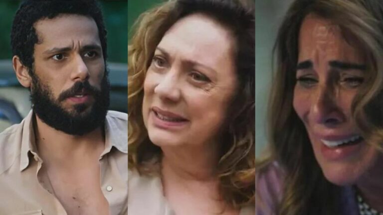 Na imagem, da esquerda para a direita, aparecem Ramiro (Amaury Lorenzo), Agatha (Eliane Giardini) e Irene (Gloria Pires) de Terra e Paixão
