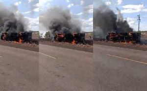 Caminhão do Exército brasileiro em chamas após acidente em Roraima
