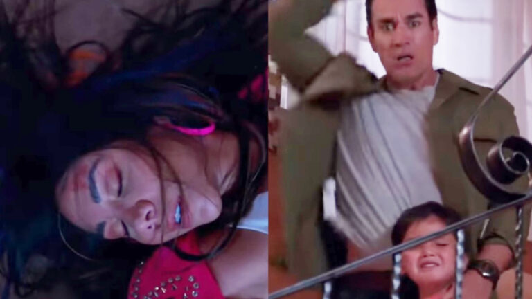 Olga cai da escada em Minha Fortuna é Te Amar. (Foto: Divulgação)