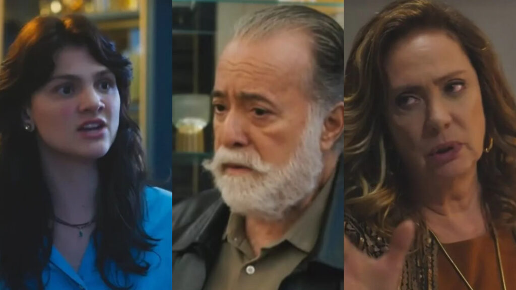 Na imagem, Petra, Antonio e Agatha da novela Terra e Paixão da Rede Globo. (Foto: Divulgação)